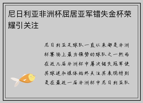尼日利亚非洲杯屈居亚军错失金杯荣耀引关注 尼日利亚非洲杯屈居亚军错失金杯荣耀引关注