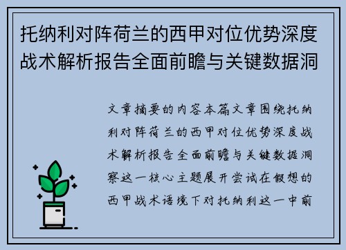 托纳利对阵荷兰的西甲对位优势深度战术解析报告全面前瞻与关键数据洞察 托纳利对阵荷兰的西甲对位优势深度战术解析报告全面前瞻与关键数据洞察